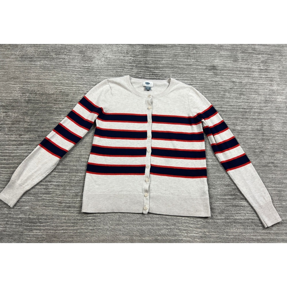 Old Navy Cardigan Womens Small Gray Striped Crew Neck Button Front Classic Knit